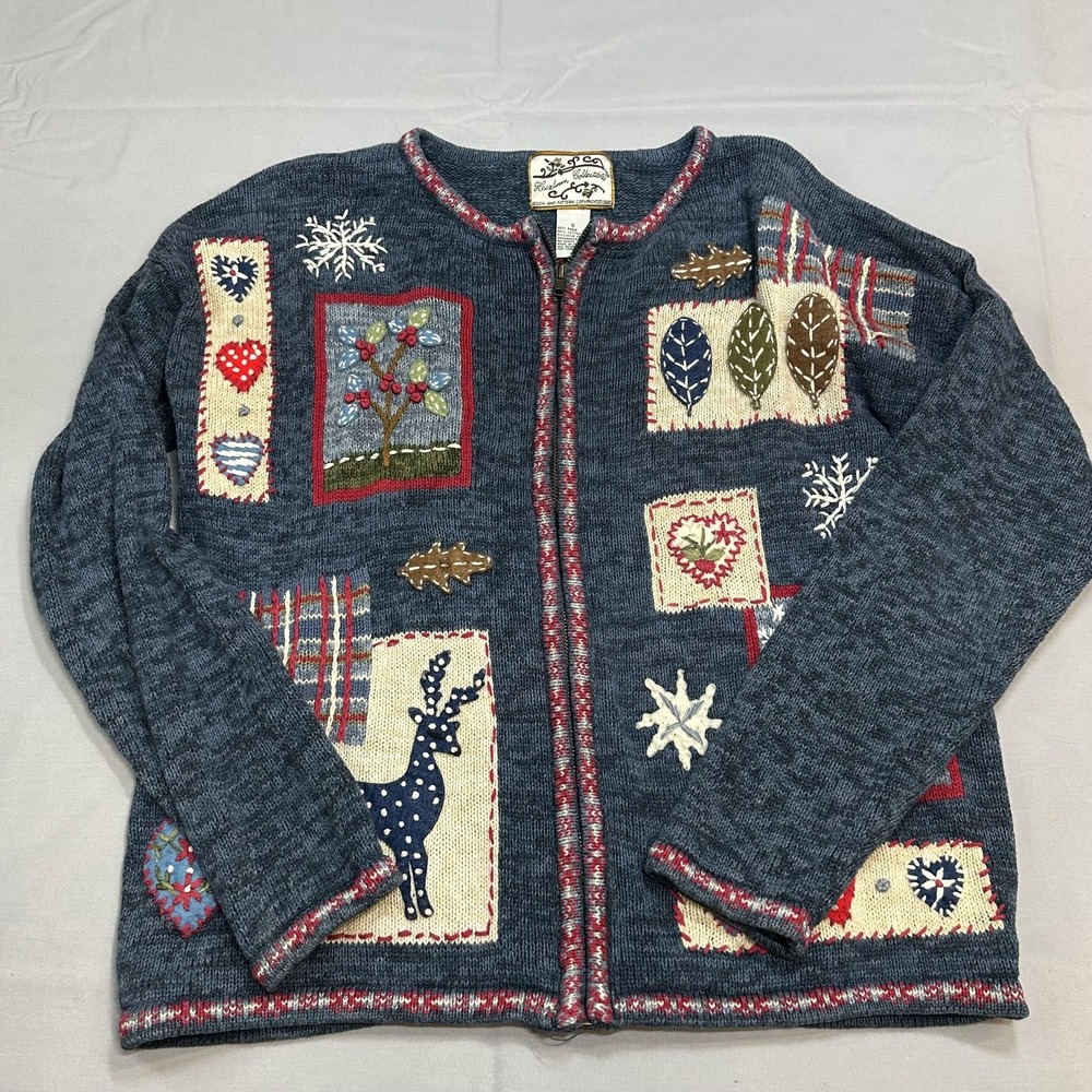 Heirloom Collectibles Jacket Womens S Blue Embroidered Chunky-Knit Cottage